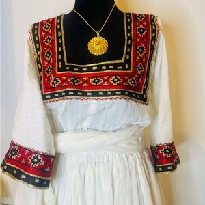 Elegant White Wedding Dress with Red Embroidery